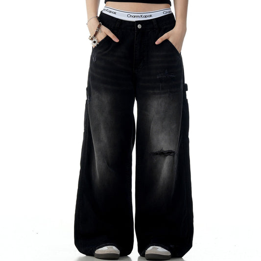 American Retro Tattered Jeans straight-leg cotton pants with ripped vintage style