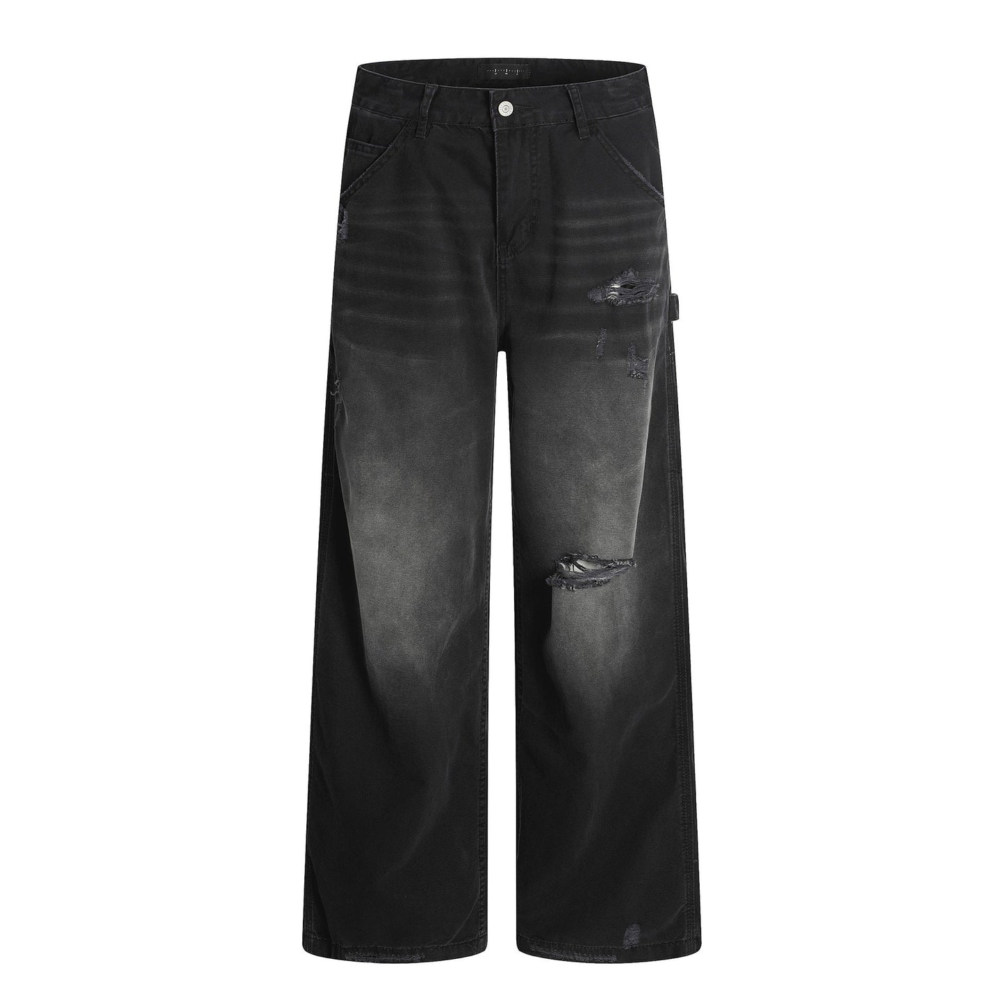 American Retro Tattered Jeans straight-leg cotton pants in black and snow green pine