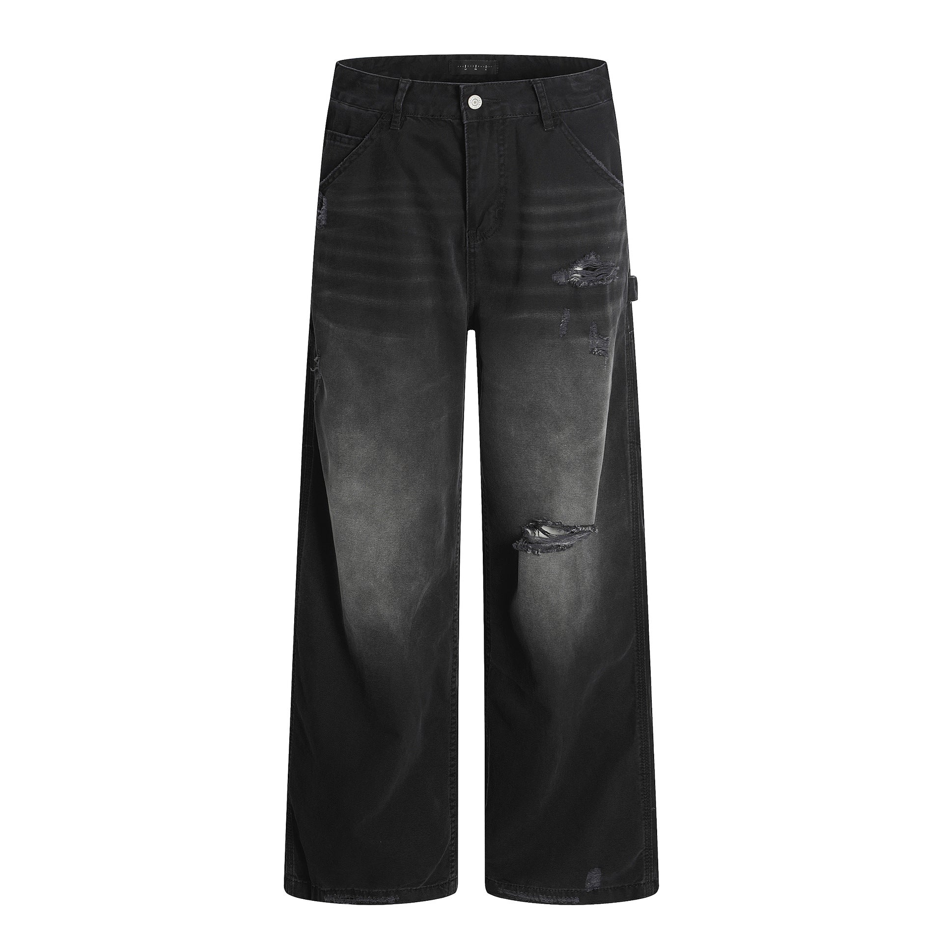 American Retro Tattered Jeans straight-leg cotton pants in black and snow green pine