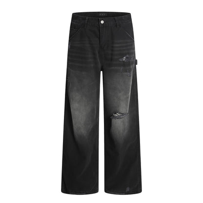 American Retro Tattered Jeans straight-leg cotton pants in black and snow green pine