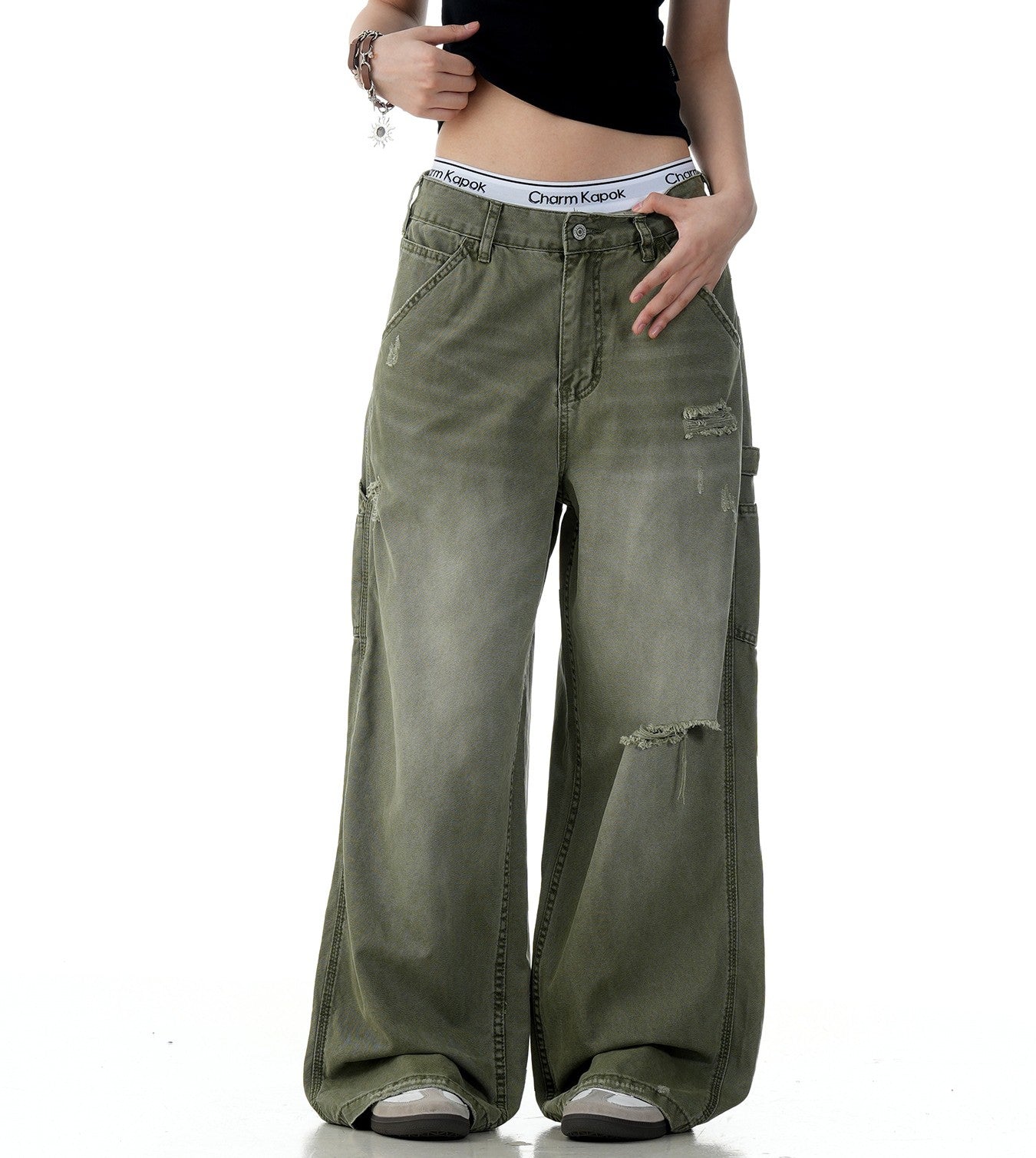 American retro tattered straight leg jeans in black and green cotton