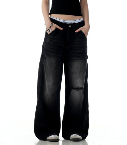 American Retro Tattered Jeans straight-leg cotton pants