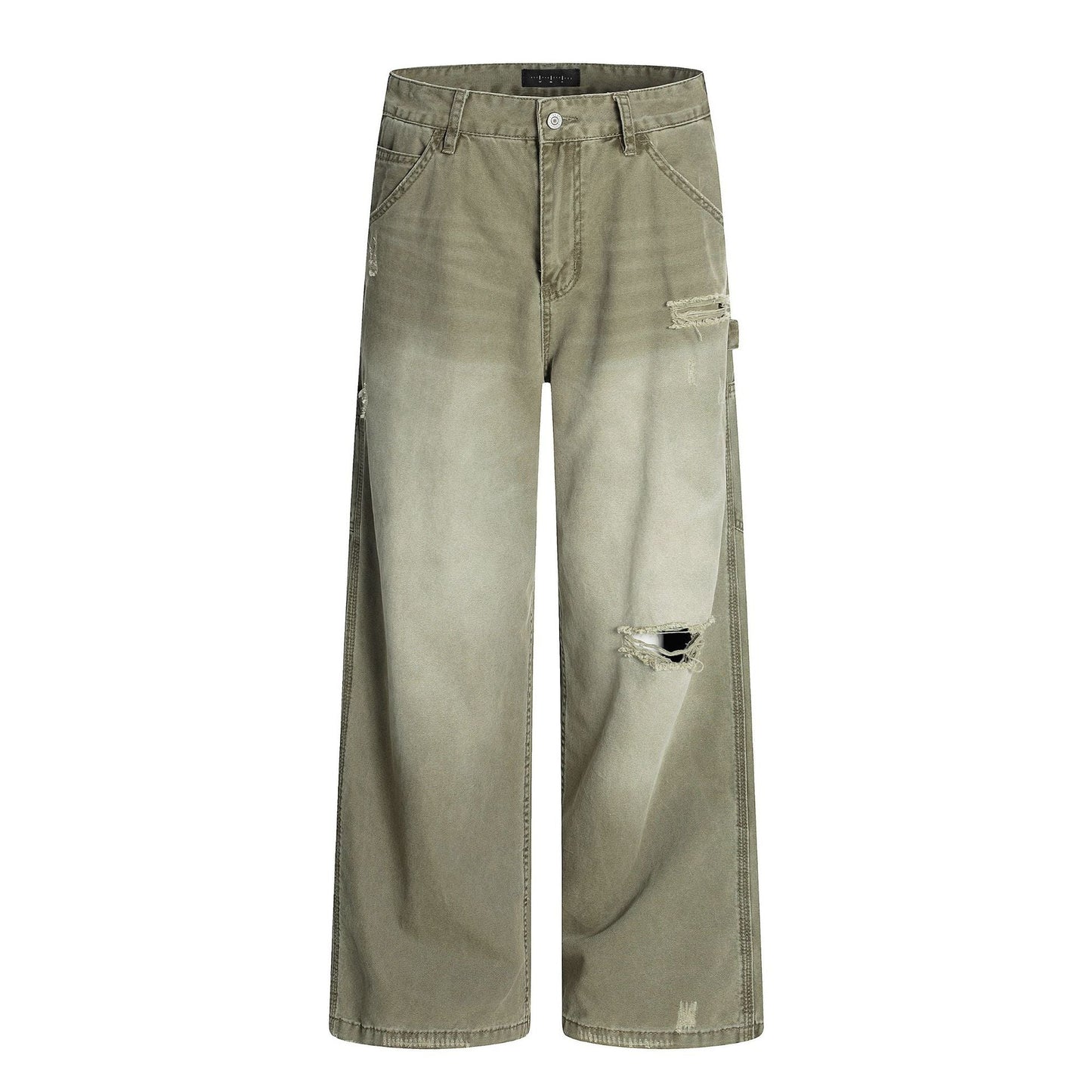 American Retro Tattered Jeans straight-leg cotton pants in black and snow green pine