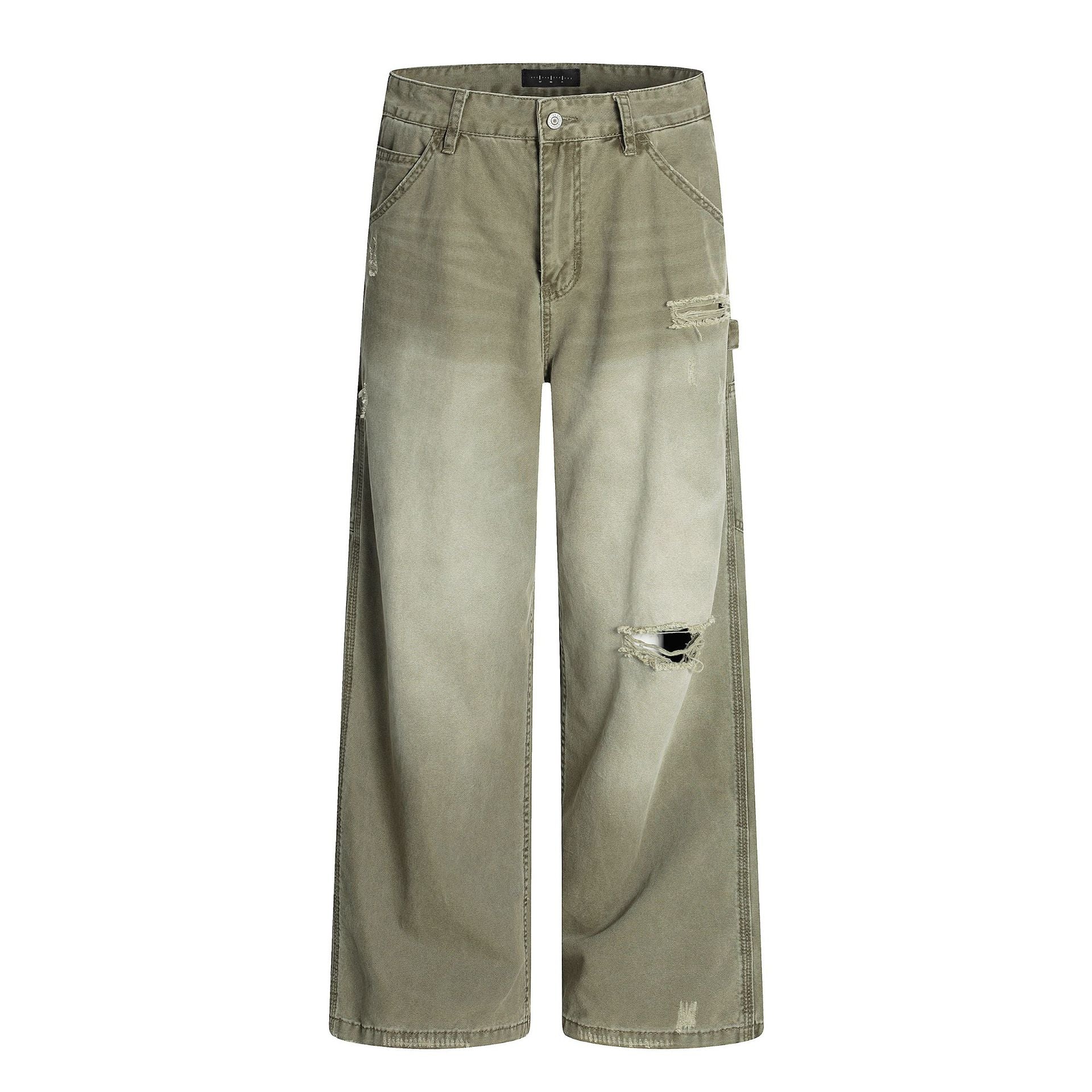 American Retro Tattered Jeans straight-leg cotton pants in black and snow green pine