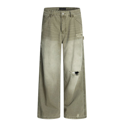 American Retro Tattered Jeans straight-leg cotton pants in black and snow green pine