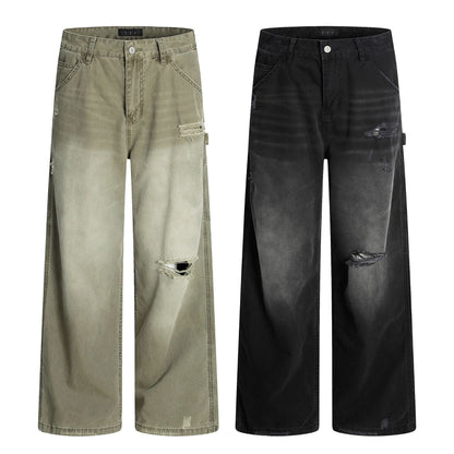 American Retro Tattered Jeans straight-leg cotton pants