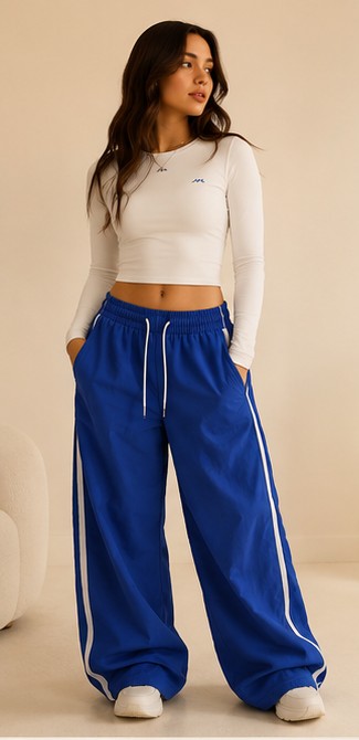 VELORA Damen Sport Set Blau – Wide Leg Hose & Langarm Top
