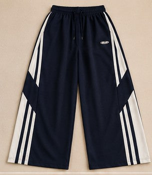 Dunkelblaue Wide Leg Trainingshose Damen – Sporthose mit Seitenstreifen – Größe L