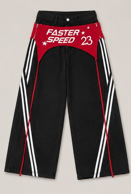 Y2K Fast Speed 23 Wide Leg Track Pants – Schwarz/Rot