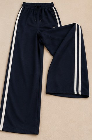 Dunkelblaue Wide Leg Trainingshose Damen – Sporthose mit Seitenstreifen – Größe L